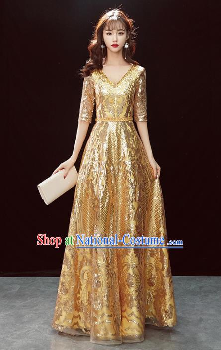 Top Grade Compere Golden Sequins Full Dress Annual Gala Stage Show Costume for Women