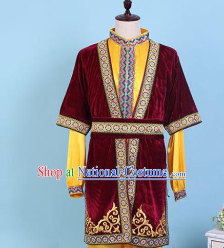 Chinese Traditional Kazak Nationality Embroidered Wine Red Clothing Xinjiang Ethnic Folk Dance Costume for Men