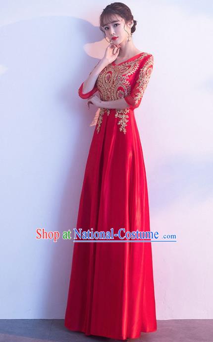 Top Grade Compere Red Satin Full Dress Annual Gala Stage Show Chorus Costume for Women