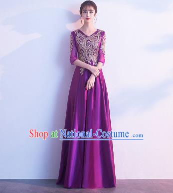 Top Grade Compere Purple Satin Full Dress Annual Gala Stage Show Chorus Costume for Women