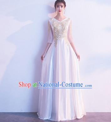 Top Grade Compere White Satin Full Dress Annual Gala Stage Show Chorus Costume for Women