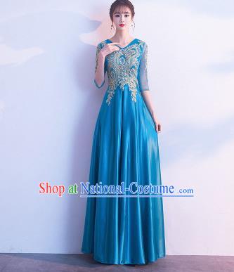 Top Grade Compere Blue Satin Full Dress Annual Gala Stage Show Chorus Costume for Women