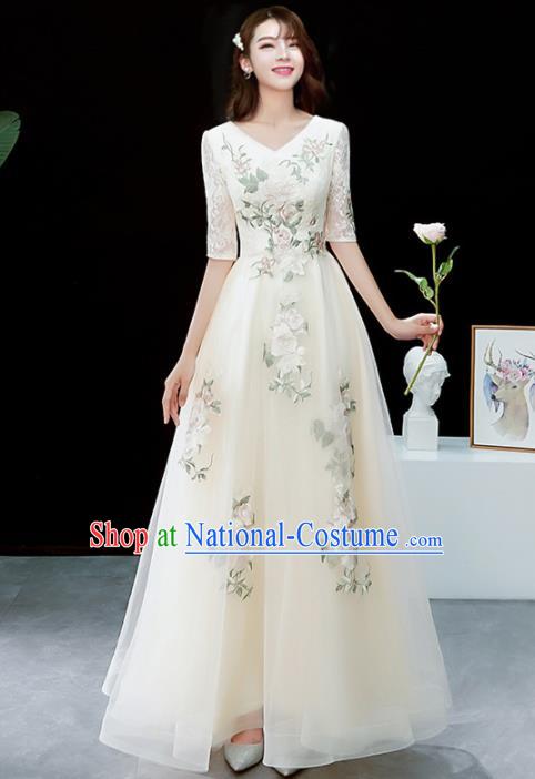 Top Grade Compere Embroidered Beige Veil Full Dress Annual Gala Stage Show Chorus Costume for Women