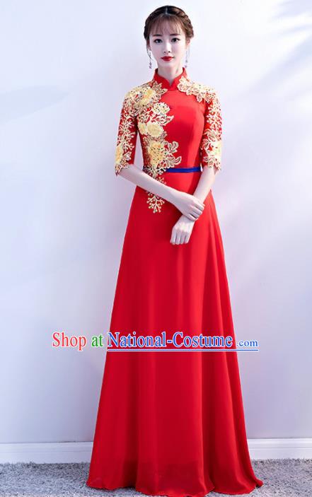 Top Grade Compere Embroidered Red Qipao Dress Annual Gala Stage Show Chorus Costume for Women