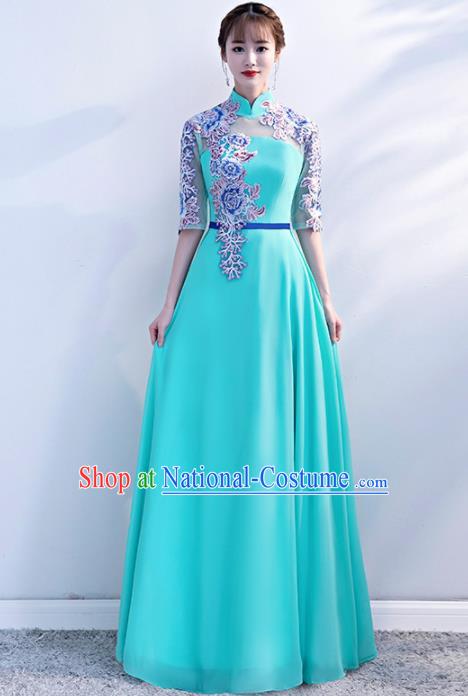 Top Grade Compere Embroidered Sky Blue Qipao Dress Annual Gala Stage Show Chorus Costume for Women