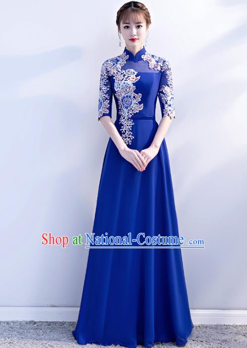 Top Grade Compere Embroidered Royalblue Qipao Dress Annual Gala Stage Show Chorus Costume for Women