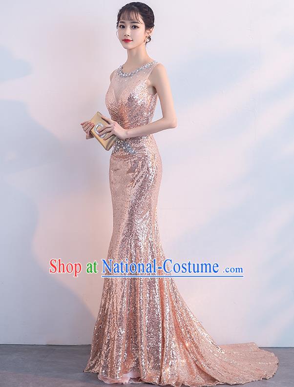 Top Grade Compere Pink Sequins Full Dress Annual Gala Stage Show Costume for Women