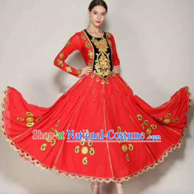 Traditional Chinese Xinjiang Uyghur Nationality Folk Dance Red Dress Ethnic Stage Show Costume for Women