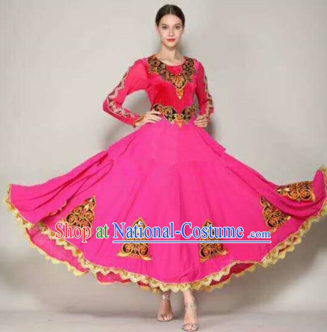 Traditional Chinese Xinjiang Uyghur Nationality Folk Dance Rosy Dress Ethnic Stage Show Costume for Women