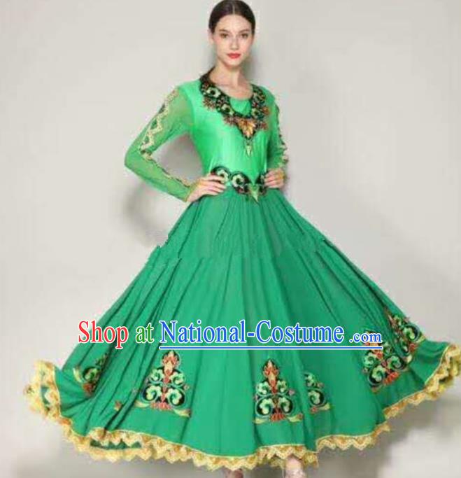 Traditional Chinese Xinjiang Uyghur Nationality Folk Dance Green Dress Ethnic Stage Show Costume for Women