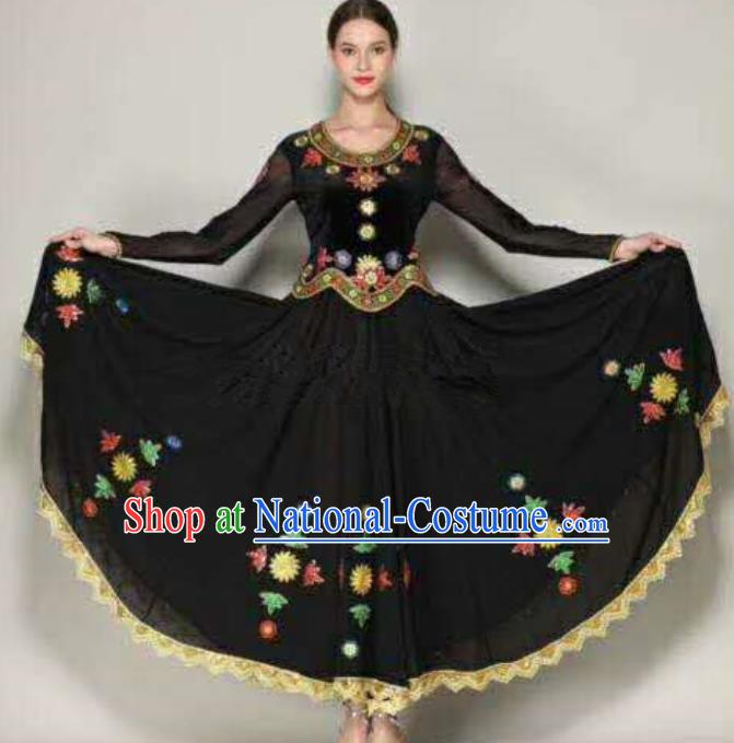 Traditional Chinese Xinjiang Uyghur Nationality Folk Dance Black Dress Ethnic Stage Show Costume for Women