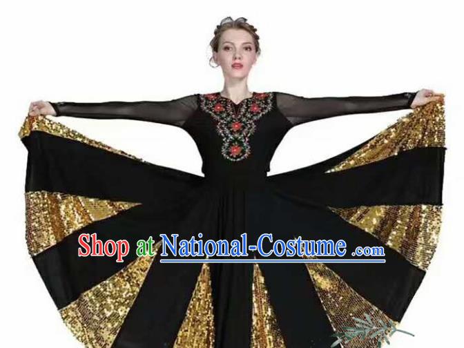 Traditional Chinese Xinjiang Uyghur Nationality Black Dress Ethnic Folk Dance Stage Show Costume for Women