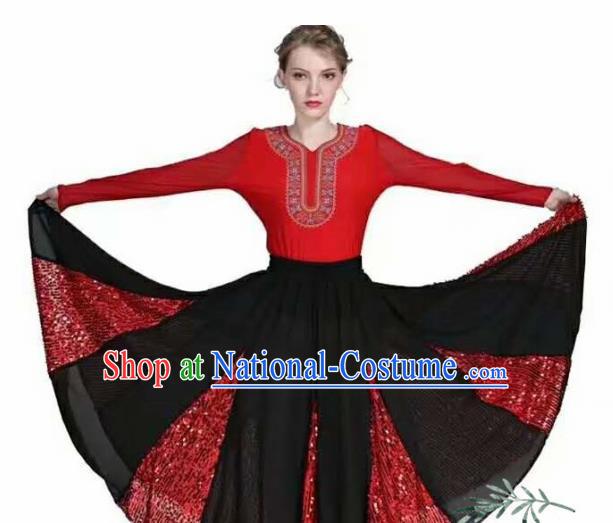 Traditional Chinese Xinjiang Uyghur Nationality Red Dress Ethnic Folk Dance Stage Show Costume for Women