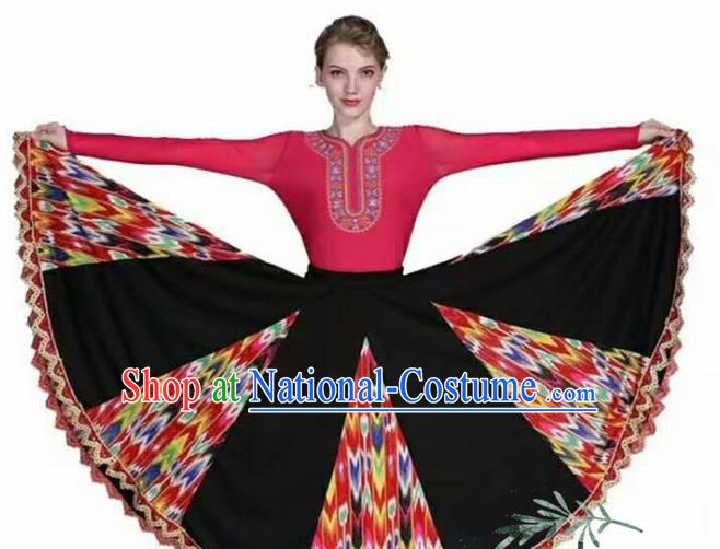 Traditional Chinese Xinjiang Uyghur Nationality Rosy Dress Ethnic Folk Dance Stage Show Costume for Women