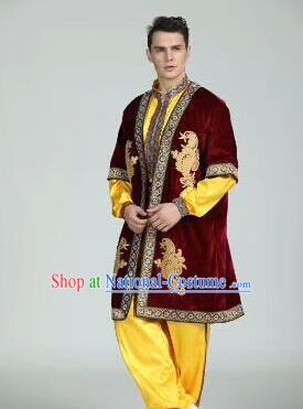 Chinese Traditional Uyghur Nationality Wine Red Outfits Xinjiang Ethnic Minority Folk Dance Stage Show Costume for Men