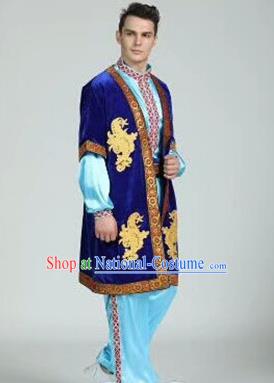 Chinese Traditional Uyghur Nationality Royalblue Outfits Xinjiang Ethnic Minority Folk Dance Stage Show Costume for Men