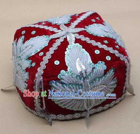 Chinese Traditional Uyghur Nationality Boys Embroidered Beads Red Hat Ethnic Xinjiang Stage Show Headwear for Kids