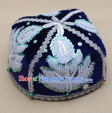 Chinese Traditional Uyghur Nationality Boys Embroidered Beads Royalblue Hat Ethnic Xinjiang Stage Show Headwear for Kids