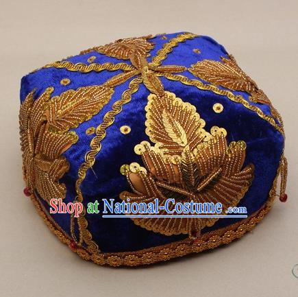 Chinese Traditional Uyghur Minority Boys Embroidered Beads Royalblue Hat Ethnic Xinjiang Stage Show Headwear for Kids