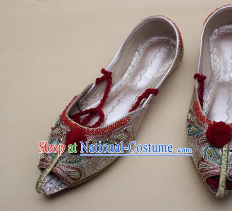 Asian India Traditional National Embroidered Silver Gray Shoes Handmade Indian Folk Dance Shoes for Women