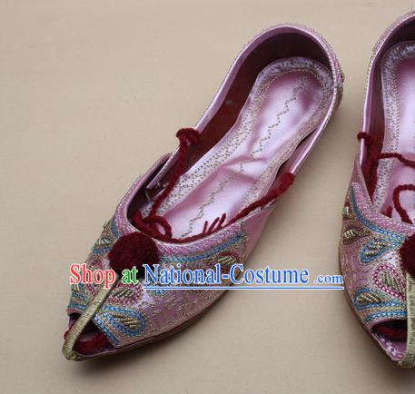 Asian India Traditional National Embroidered Pink Shoes Handmade Indian Folk Dance Shoes for Women