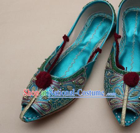 Asian India Traditional National Embroidered Lake Green Shoes Handmade Indian Folk Dance Shoes for Women