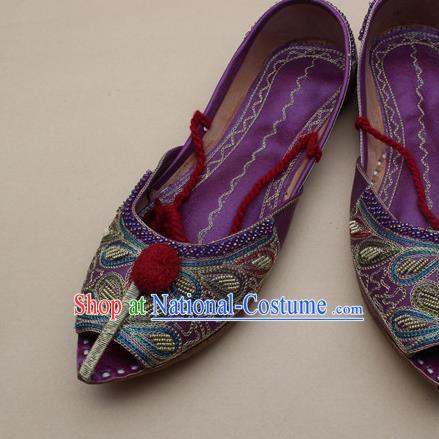 Asian India Traditional National Embroidered Purple Shoes Handmade Indian Folk Dance Shoes for Women