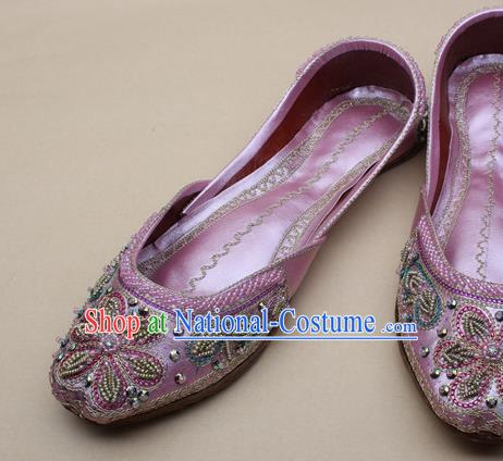 Asian India National Embroidered Pink Leather Shoes Handmade Indian Traditional Folk Dance Shoes for Women