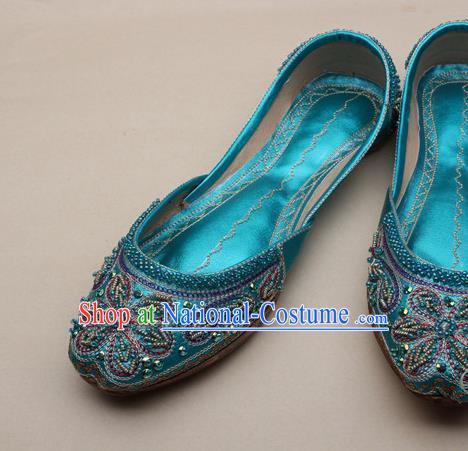 Asian India National Embroidered Lake Blue Leather Shoes Handmade Indian Traditional Folk Dance Shoes for Women