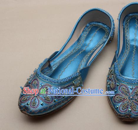 Asian India National Embroidered Blue Leather Shoes Handmade Indian Traditional Folk Dance Shoes for Women