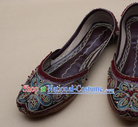 Asian India National Embroidered Purplish Red Leather Shoes Handmade Indian Traditional Folk Dance Shoes for Women