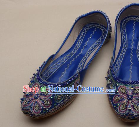 Asian India National Embroidered Royalblue Leather Shoes Handmade Indian Traditional Folk Dance Shoes for Women