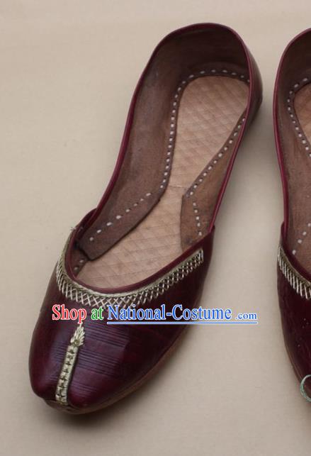 Asian Nepal National Handmade Wine Red Leather Shoes Indian Traditional Folk Dance Shoes for Women