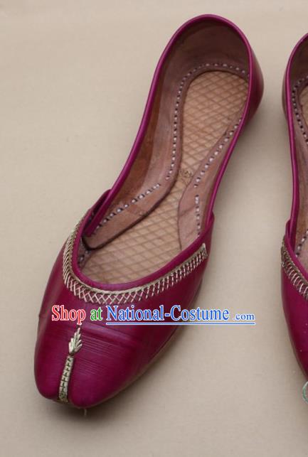 Asian Nepal National Handmade Rosy Leather Shoes Indian Traditional Folk Dance Shoes for Women