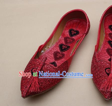 Asian Nepal National Handmade Red Embroidered Shoes Indian Traditional Folk Dance Leather Shoes for Women