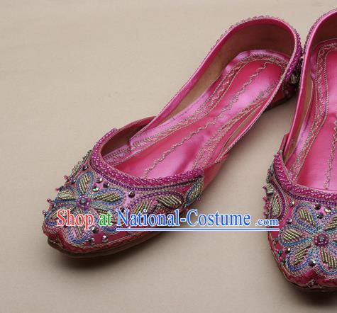 Asian India National Embroidered Peach Pink Leather Shoes Handmade Indian Traditional Folk Dance Shoes for Women