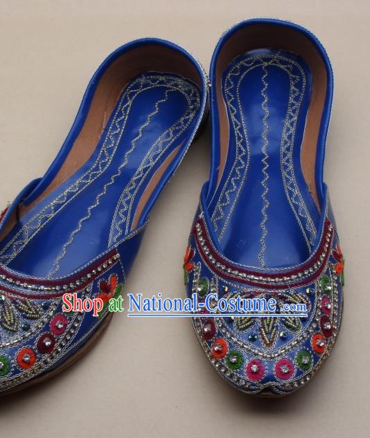 Asian Nepal National Handmade Embroidered Beads Royalblue Shoes Indian Traditional Folk Dance Leather Shoes for Women