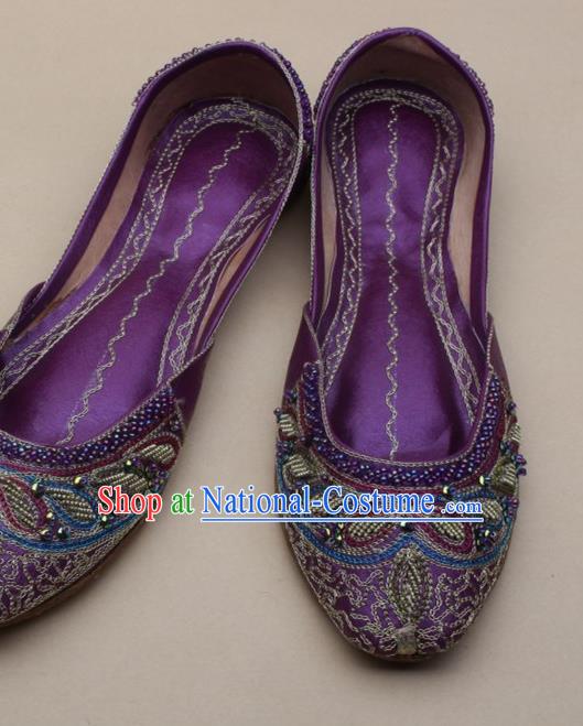 Asian Nepal National Handmade Beaded Purple Leather Shoes Indian Traditional Folk Dance Shoes for Women