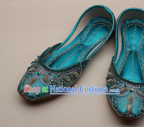 Asian Nepal National Handmade Beaded Green Leather Shoes Indian Traditional Folk Dance Shoes for Women