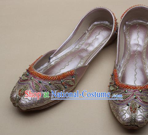 Asian Nepal National Handmade Beaded Light Pink Leather Shoes Indian Traditional Folk Dance Shoes for Women