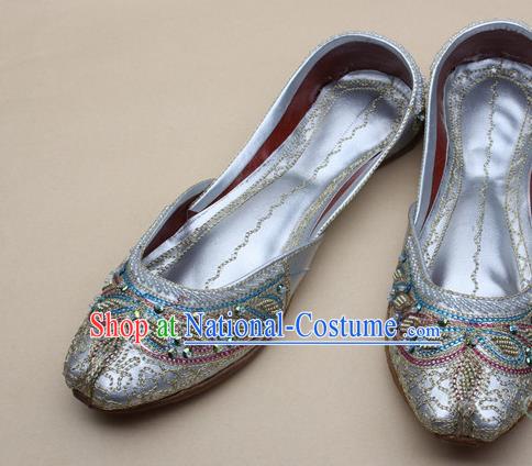 Asian Nepal National Handmade Beaded Silver Leather Shoes Indian Traditional Folk Dance Shoes for Women