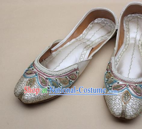 Asian Nepal National Handmade Beaded Champagne Leather Shoes Indian Traditional Folk Dance Shoes for Women