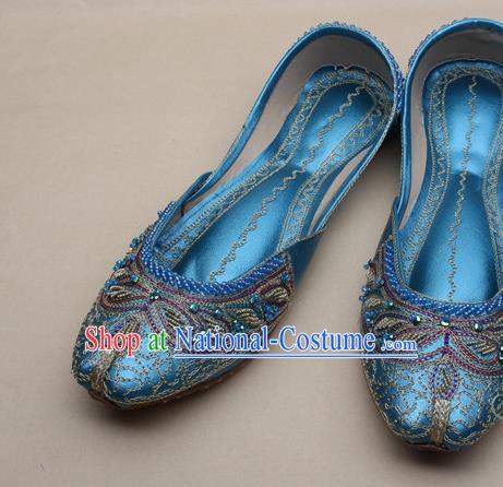 Asian Nepal National Handmade Beaded Blue Leather Shoes Indian Traditional Folk Dance Shoes for Women