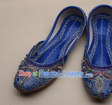 Asian Nepal National Handmade Beaded Deep Blue Leather Shoes Indian Traditional Folk Dance Shoes for Women