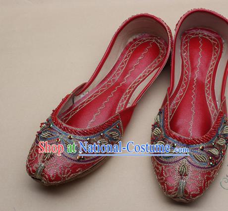 Asian Nepal National Handmade Beaded Red Leather Shoes Indian Traditional Folk Dance Shoes for Women