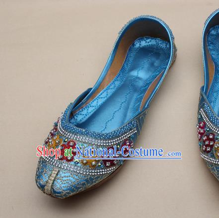 Asian Nepal National Blue Leather Shoes Handmade Indian Traditional Folk Dance Shoes for Women