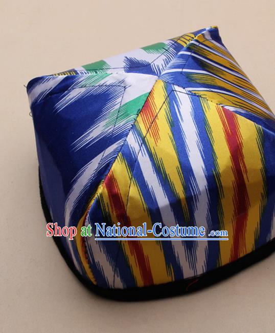 Handmade Chinese Traditional Uyghur Minority Blue Silk Hat Ethnic Nationality Folk Dance Headwear for Women