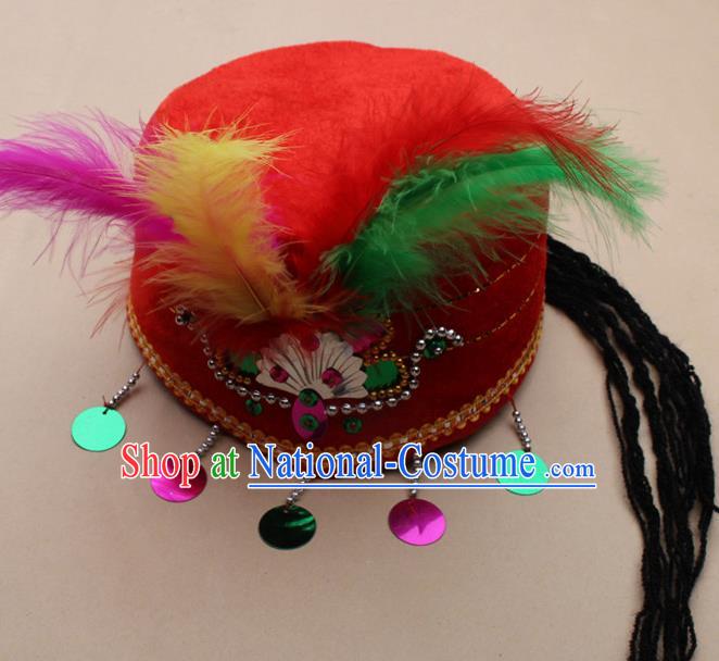 Handmade Chinese Traditional Uyghur Minority Feather Red Silk Hat Ethnic Nationality Folk Dance Headwear for Women