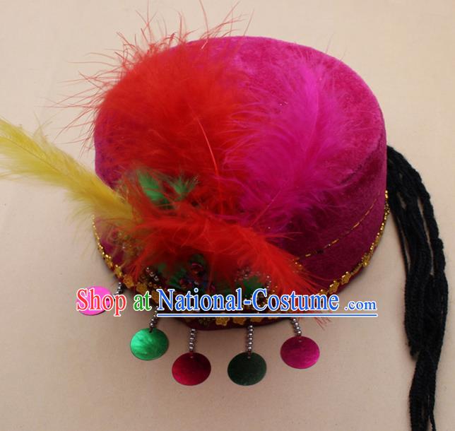 Handmade Chinese Traditional Uyghur Minority Feather Rosy Silk Hat Ethnic Nationality Folk Dance Headwear for Women