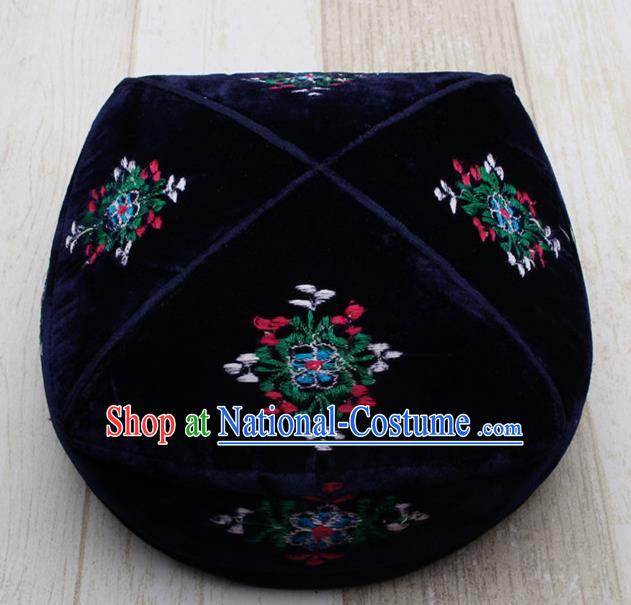 Chinese Traditional Uyghur Minority Embroidered Navy Hat Ethnic Xinjiang Folk Dance Headwear for Men